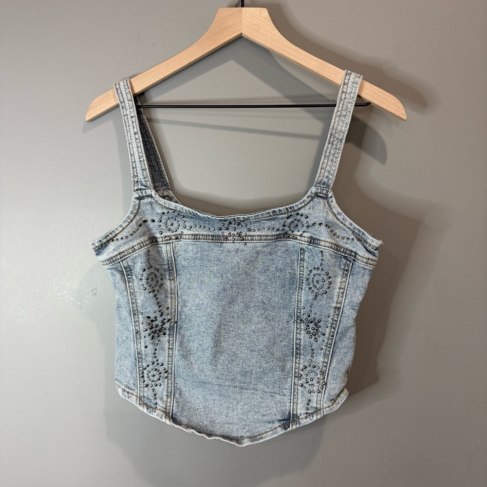 Forever 21 Light Wash Denim Studded Tank Top